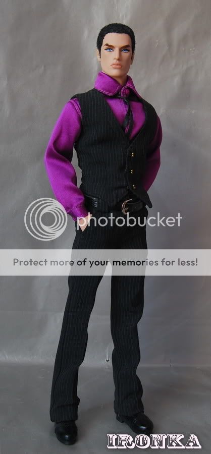 Black  striped Suit Trousers with pockets and Waistcoat Purple Shirt 